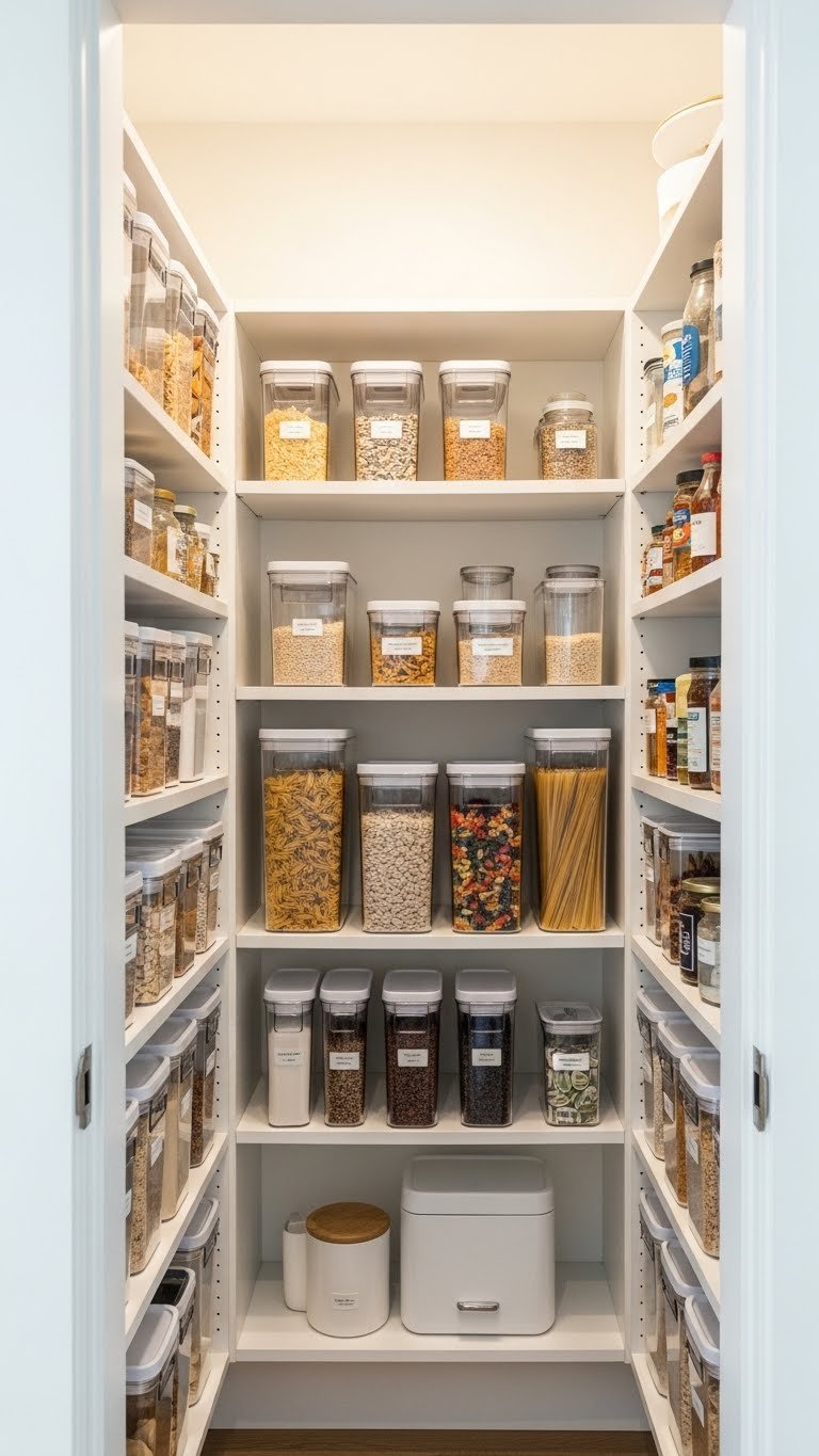 Organized kitchen pantry with clear stackable plastic bins holding dry goods on white adjustable shelves under bright daylight.