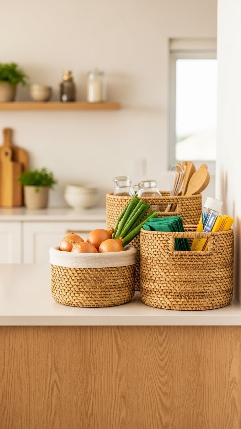 Organized kitchen storage with natural fiber woven baskets filled with fresh produce on light wooden cabinet