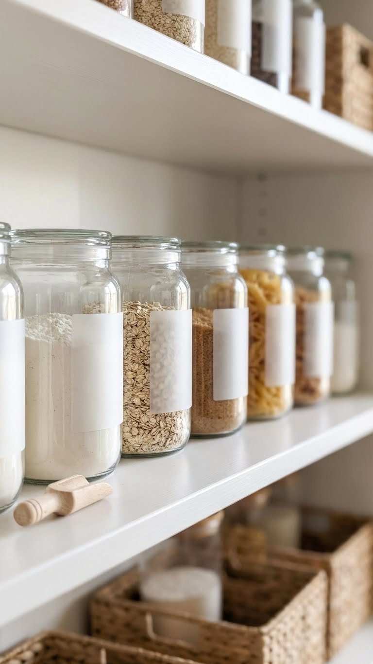 Minimalist Kitchen Pantry: 11 Smart Ideas To Organize 9 Organized minimalist kitchen pantry featuring uniform clear containers with elegant, consistent labels for flour and sugar on a white shelf.