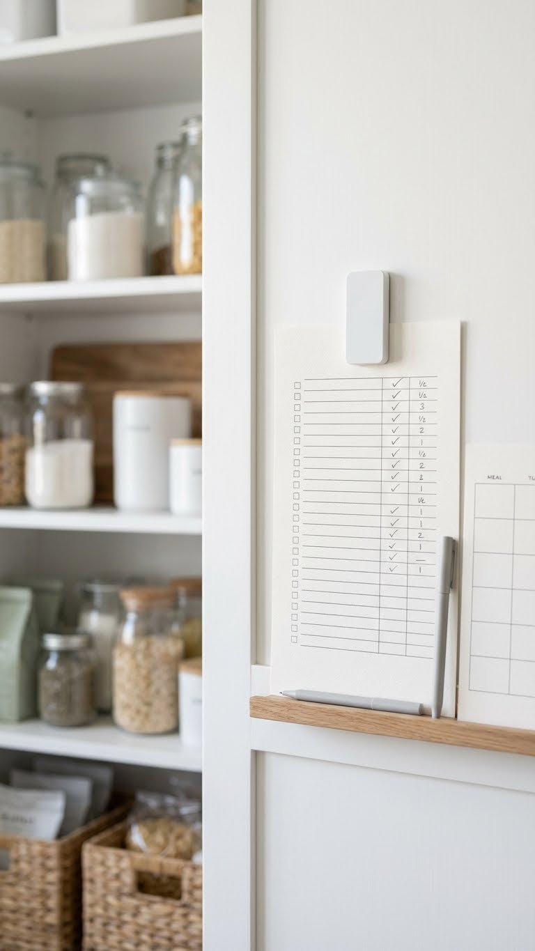 Minimalist Kitchen Pantry: 11 Smart Ideas To Organize 19 Organized minimalist pantry with a clear, partially filled inventory checklist and meal plan pinned on the door for efficient management.