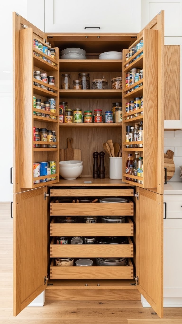 Organized oak pantry cabinet with pull-out drawers and vertical organizers in bright interior