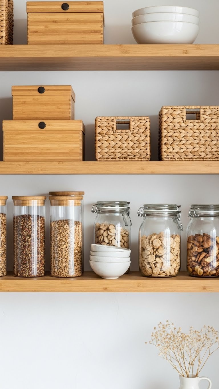 Organized open kitchen shelf with bamboo storage boxes and glass jars on light wood shelving in Scandi aesthetic