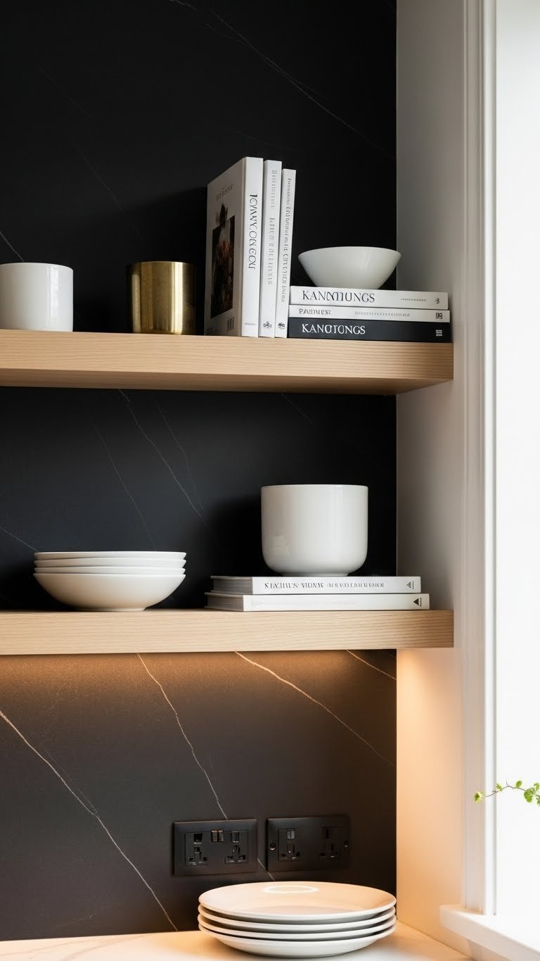 Organized open kitchen shelving with light wood and dark wall, minimalist white and brass decor, high-end cookbooks, white planter.