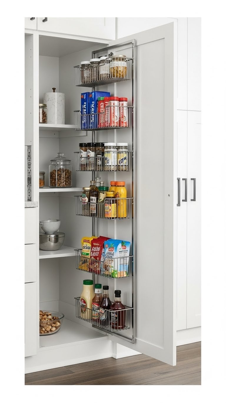 7 Essential Kitchen Pantry Design Ideas For Maximum Storage 9 Organized open pantry door revealing an over-the-door storage system with wire baskets, spice jars, and snacks.