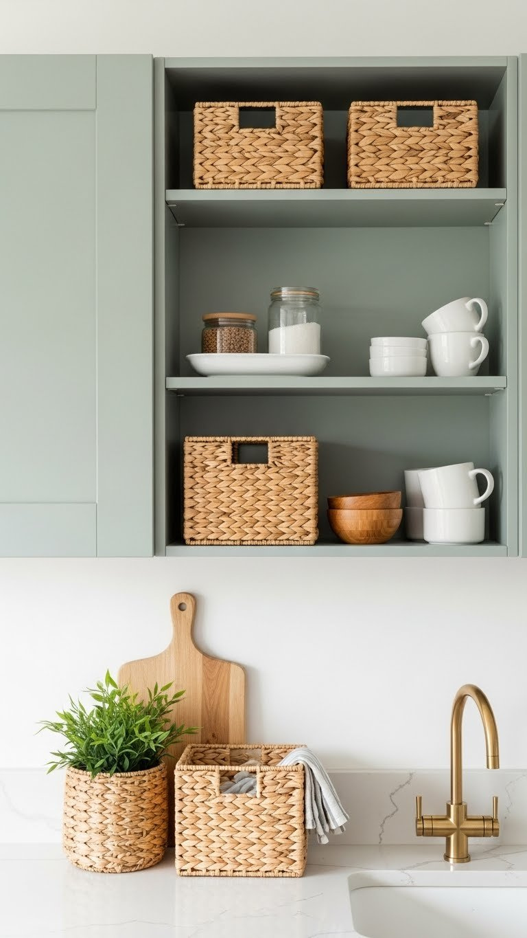 Organized open sage green shelves with storage baskets and decorative items in kitchen display