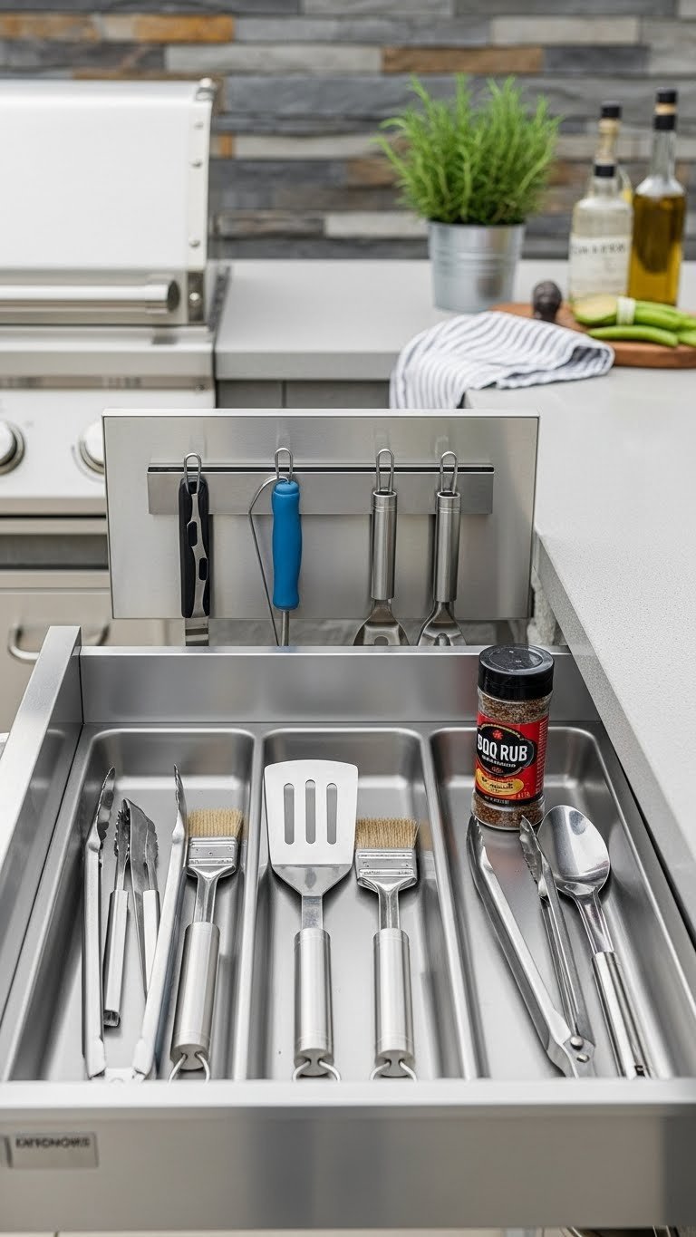 Organized outdoor kitchen drawer with custom inserts holding grilling tongs, spatulas, and utensils on magnetic strip.