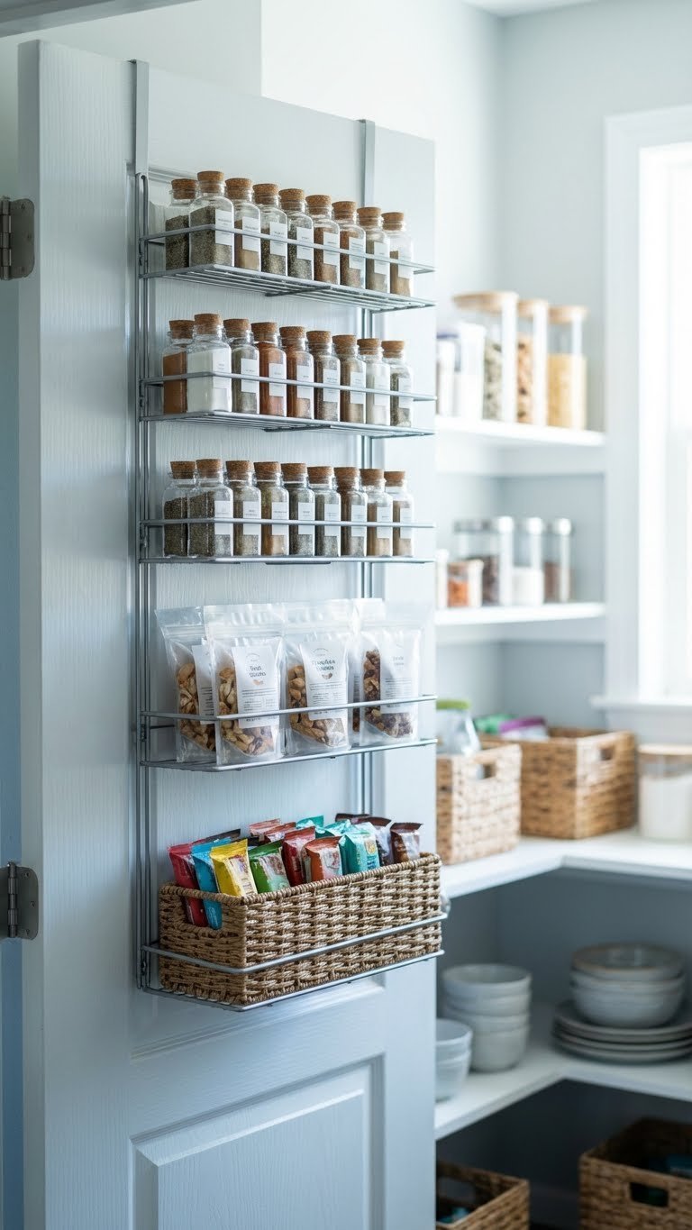 Smart Mini Pantry Ideas For Small Spaces: 9 Proven Tips 9 Organized over-the-door pantry organizer in a small kitchen, holding spices, small jars, and snack items.
