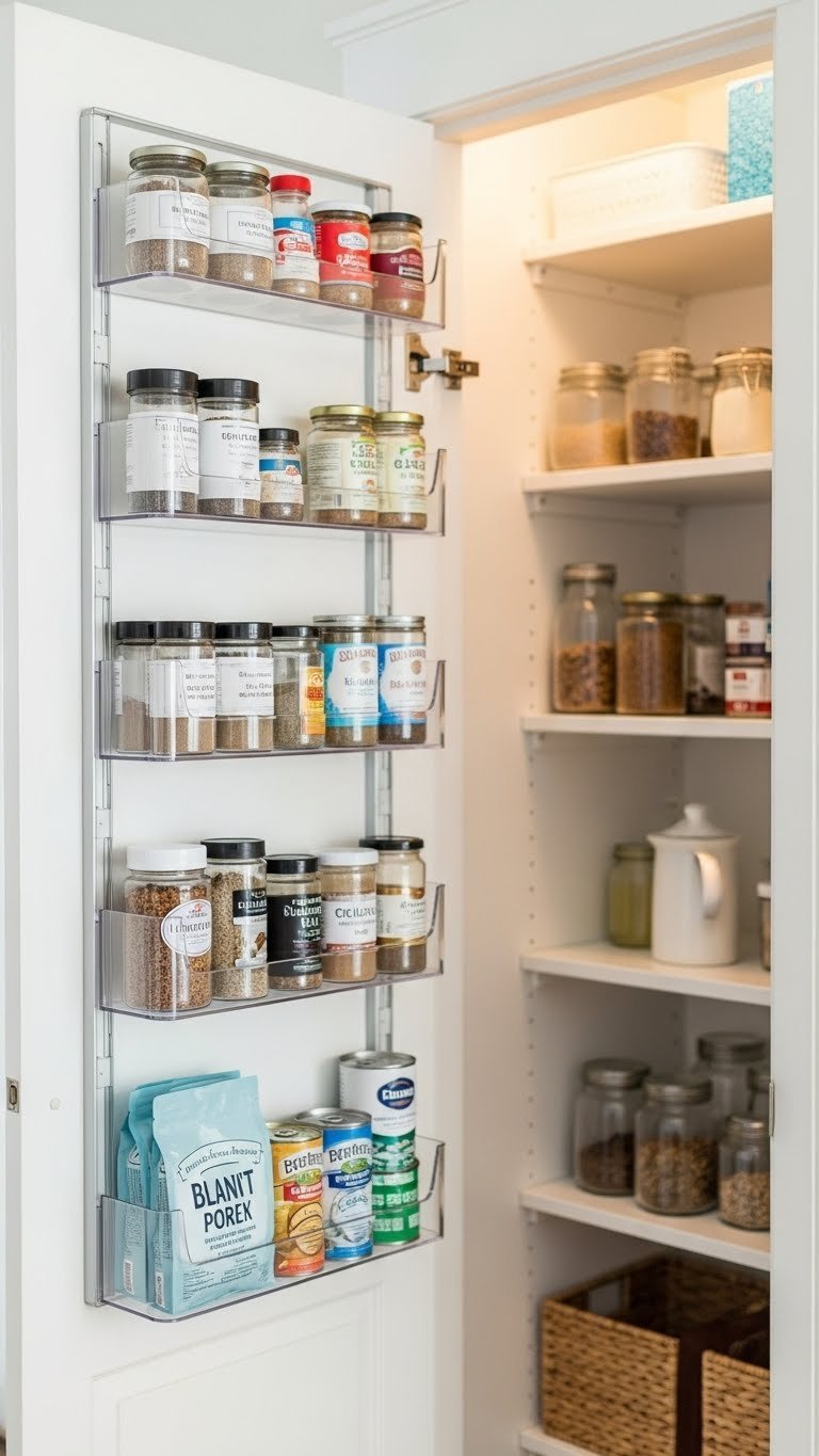 Diy Small Kitchen Ideas: 11 Budget Hacks For A High-End Look 11 Organized pantry door with vertical storage using clear plastic shelves for spice jars and goods