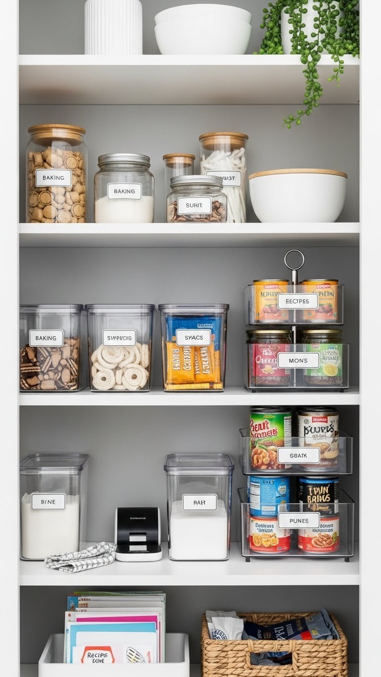 7 Essential Kitchen Pantry Design Ideas For Maximum Storage 13 Organized pantry shelf with a clear zone system: labeled jars for baking, clear bins for snacks, and tiered canned goods.