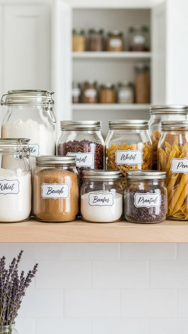 7 Essential Mason Jar Pantry Ideas: Organize Kitchen Smarter 1 Organized pantry shelf with clear glass mason jars holding white flour, brown sugar, and various pasta, enhancing kitchen aesthetic.