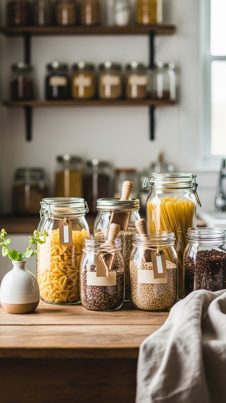 Small Rustic Kitchen: 9 Diy &Amp; Budget-Friendly Ideas 11 Organized pantry shelf with mason jars filled with pasta, grains, and spices