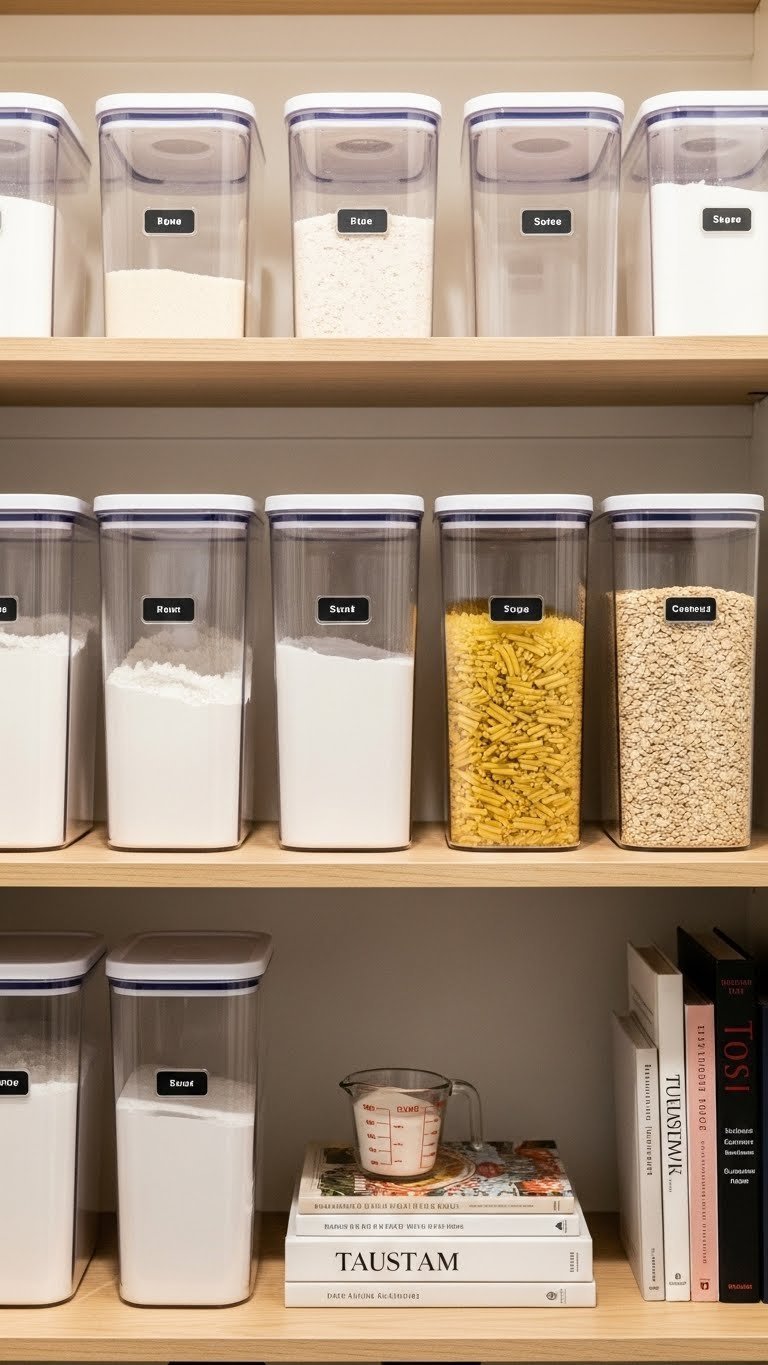 Organized pantry shelves with clear food storage bins and airtight containers holding bulk flour, sugar, and pasta.