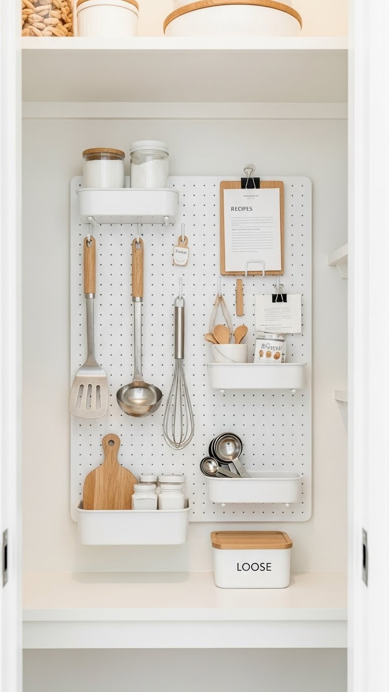 11 Pantry Closet Ideas: Transform Small Spaces, Organize Smarter 19 Organized pantry wall with white pegboard, holding kitchen utensils, baskets, and recipe clips for efficient storage.