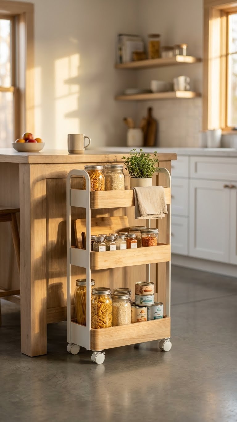 Smart Mini Pantry Ideas For Small Spaces: 9 Proven Tips 7 Organized portable rolling pantry cart in a small kitchen, filled with dry goods, spices, and kitchen essentials.