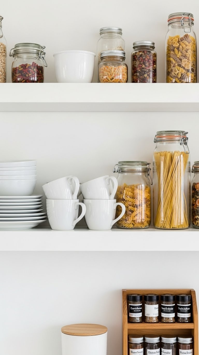Organized scandi kitchen storage shelves with functional zones for plates, mugs, and pantry items in glass jars
