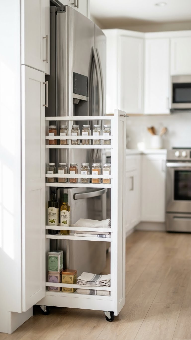 Smart Mini Pantry Ideas For Small Spaces: 9 Proven Tips 13 Organized slim space saver pantry in a small kitchen, filled with spice jars, canned goods, and cooking oils.