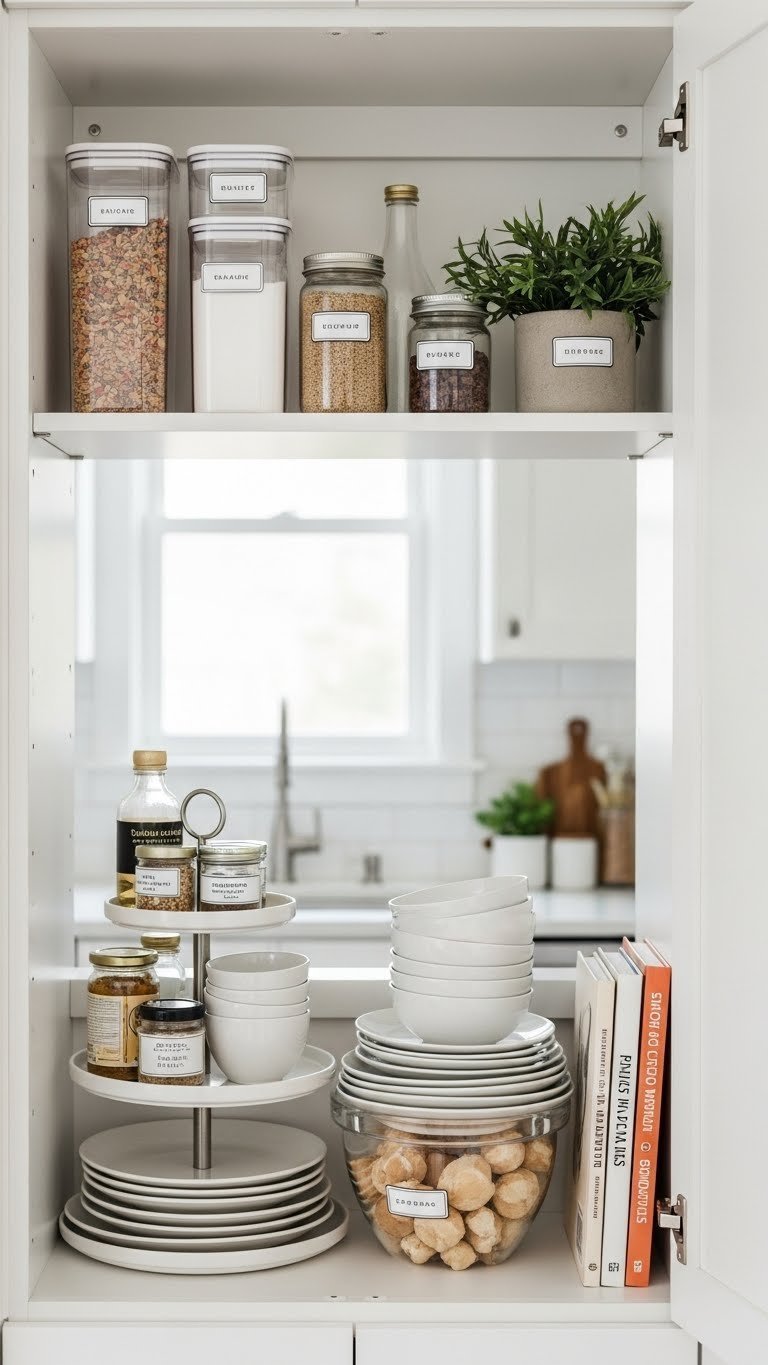 Small Kitchen Ideas 70S: 9 Proven Ways To Modernize Now 9 Organized small 70s kitchen pantry with clear containers and tiered spice racks on open shelving.