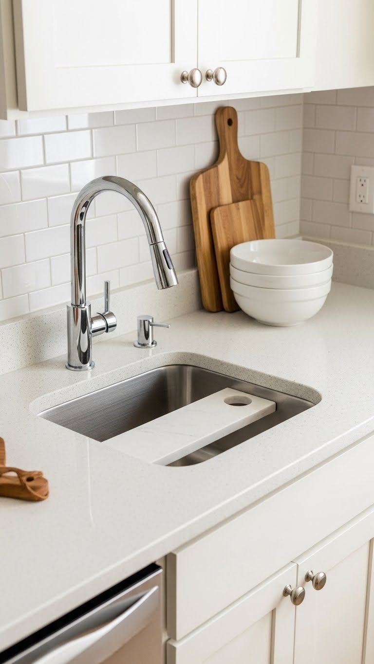 Small Kitchen Granite Countertops: 9 Genius Ideas For Space 13 Organized small kitchen with light-colored granite countertop featuring integrated undermount sink and cutting board insert