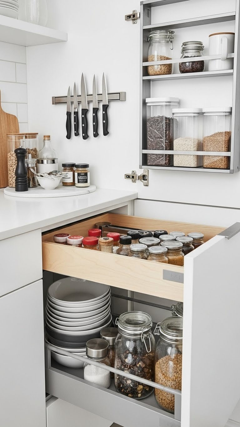 Organized small scandinavian kitchen with hidden storage solutions and decluttered countertops for calm efficiency