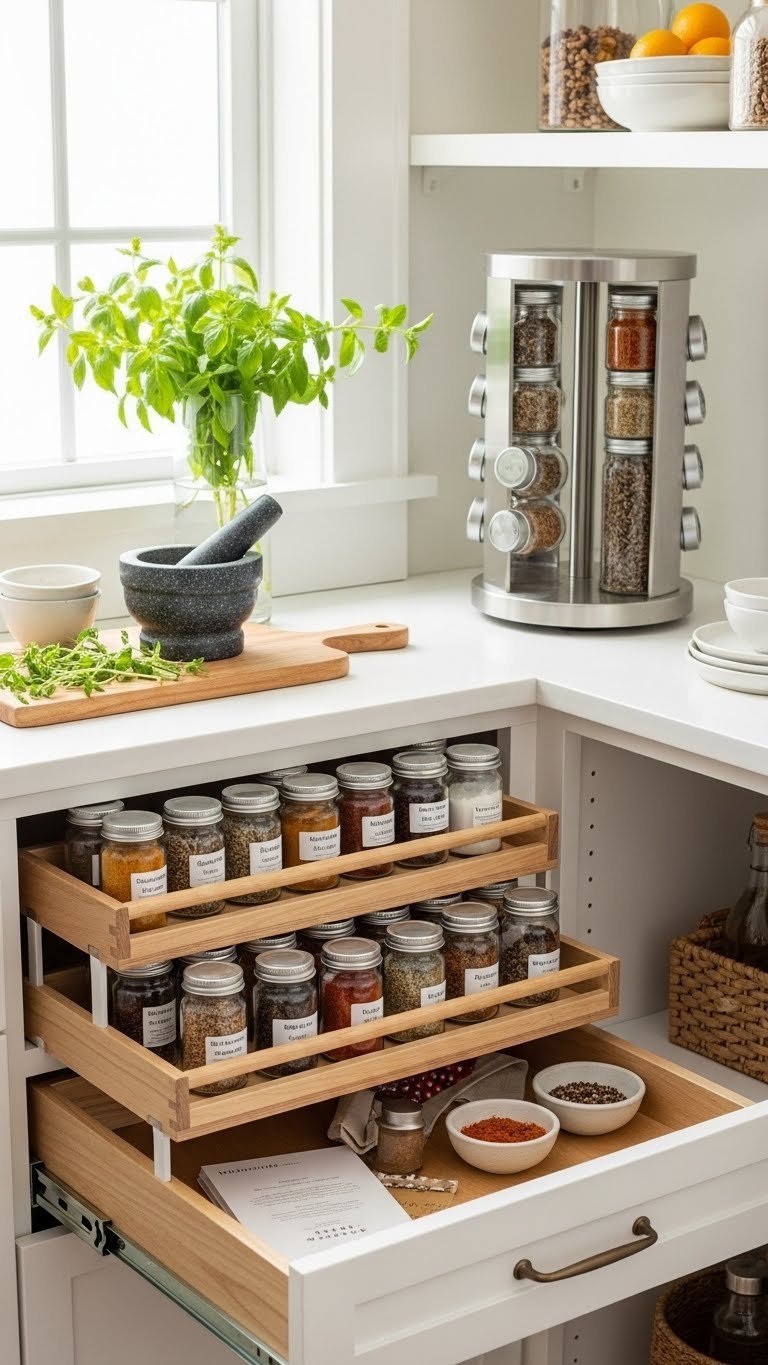 Pantry Organization: 7 Genius Ideas For Every Kitchen 9 Organized spice collection on a white pantry shelf features uniform jars with minimalist labels, a tiered drawer insert, and Lazy Susan.