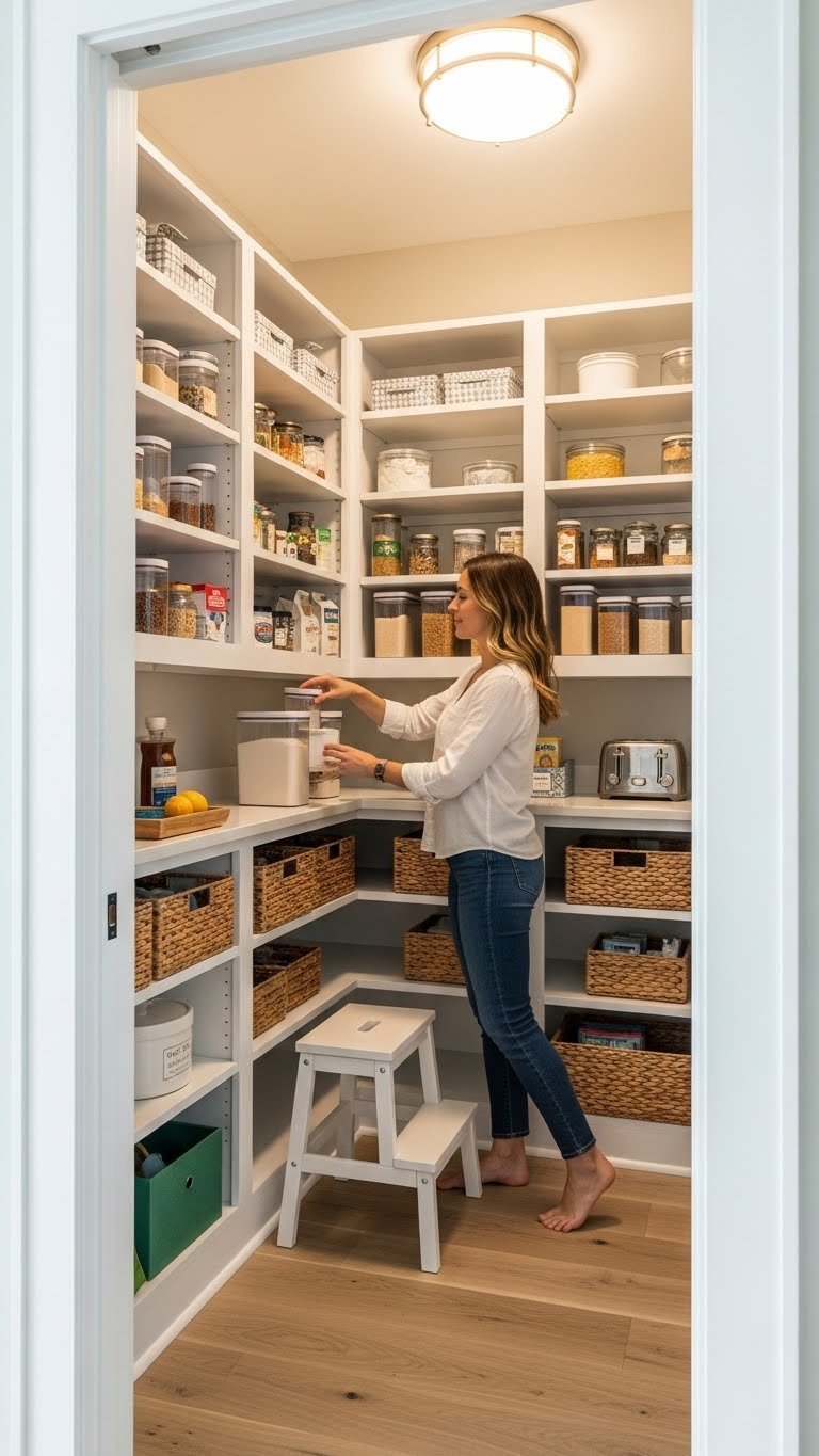 11 Corner Pantry Ideas: Maximize Kitchen Space &Amp; Style 3 Organized walk-in corner pantry features tiered shelving, clear containers, and woven baskets for efficient storage.