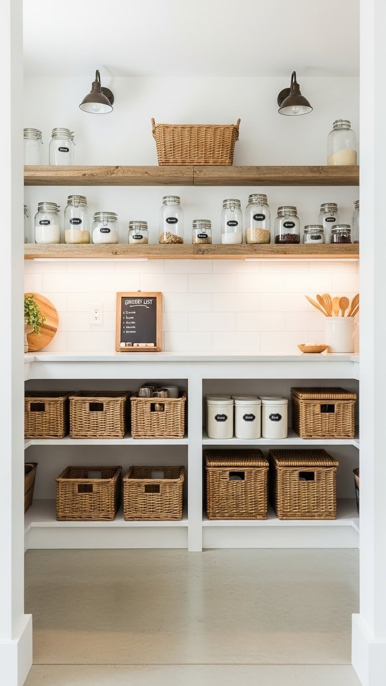 Organized walk-in pantry with rustic wooden shelves, wicker baskets, and glass storage jars in farmhouse kitchen