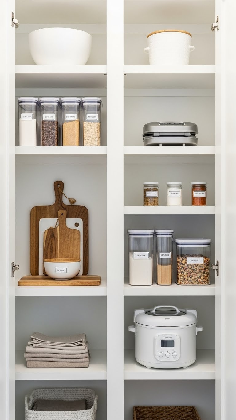 Organized walk-in pantry with white shelving holding clear containers, cutting boards, and kitchen gadgets