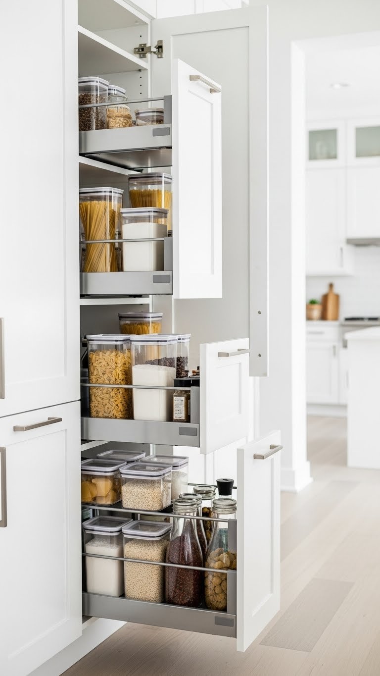 11 Smart Kitchen Cabinet Pantry Ideas For Ultimate Organization 1 Organized white kitchen pantry with smooth-gliding pull-out drawers showcasing clear containers of pasta, rice, and spices, perfect for food storage.