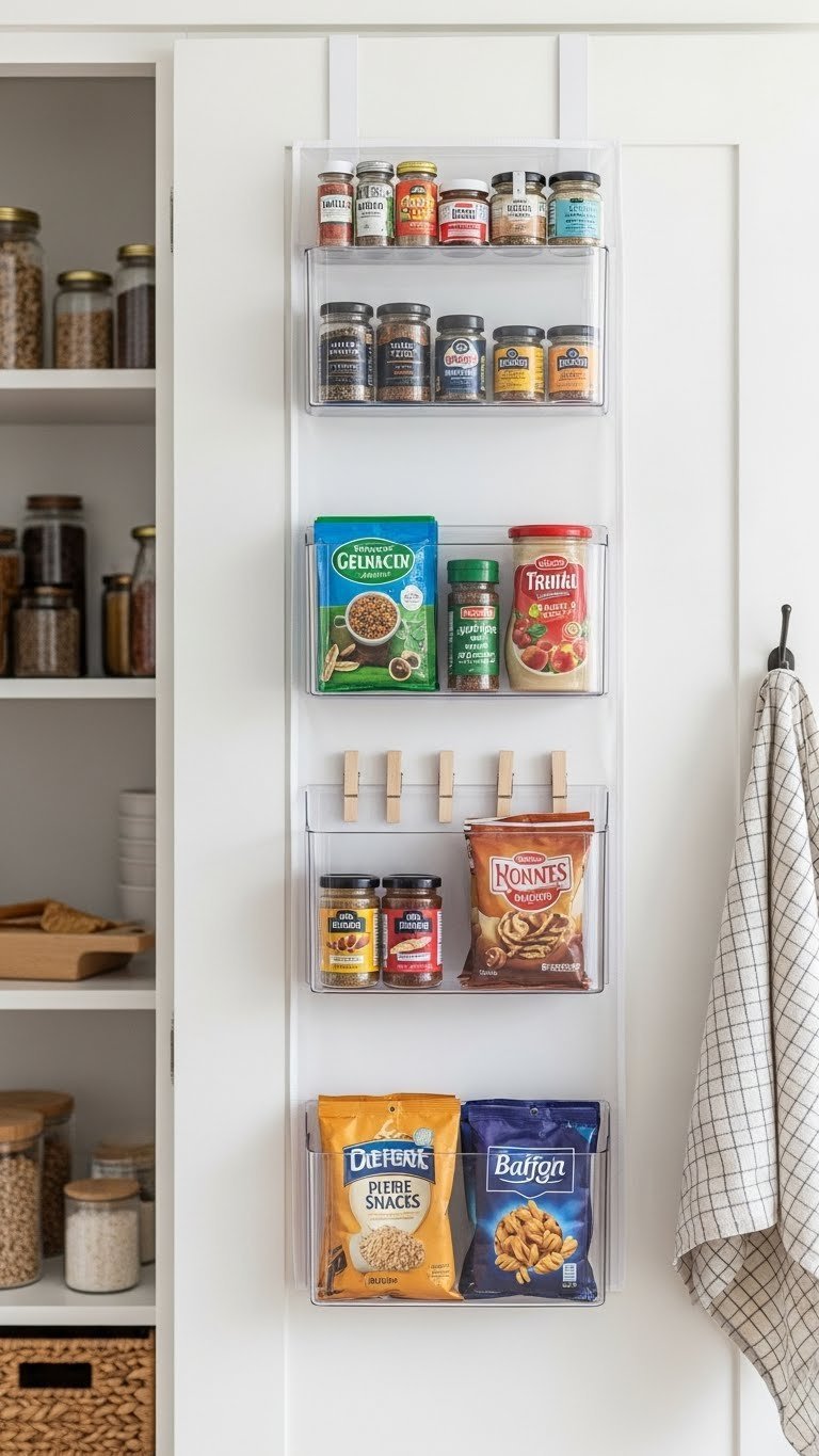 Pantry Organization: 7 Genius Ideas For Every Kitchen 13 Organized white pantry door features an over-the-door organizer with spice jars, seasoning packets, and condiments in clear pockets.