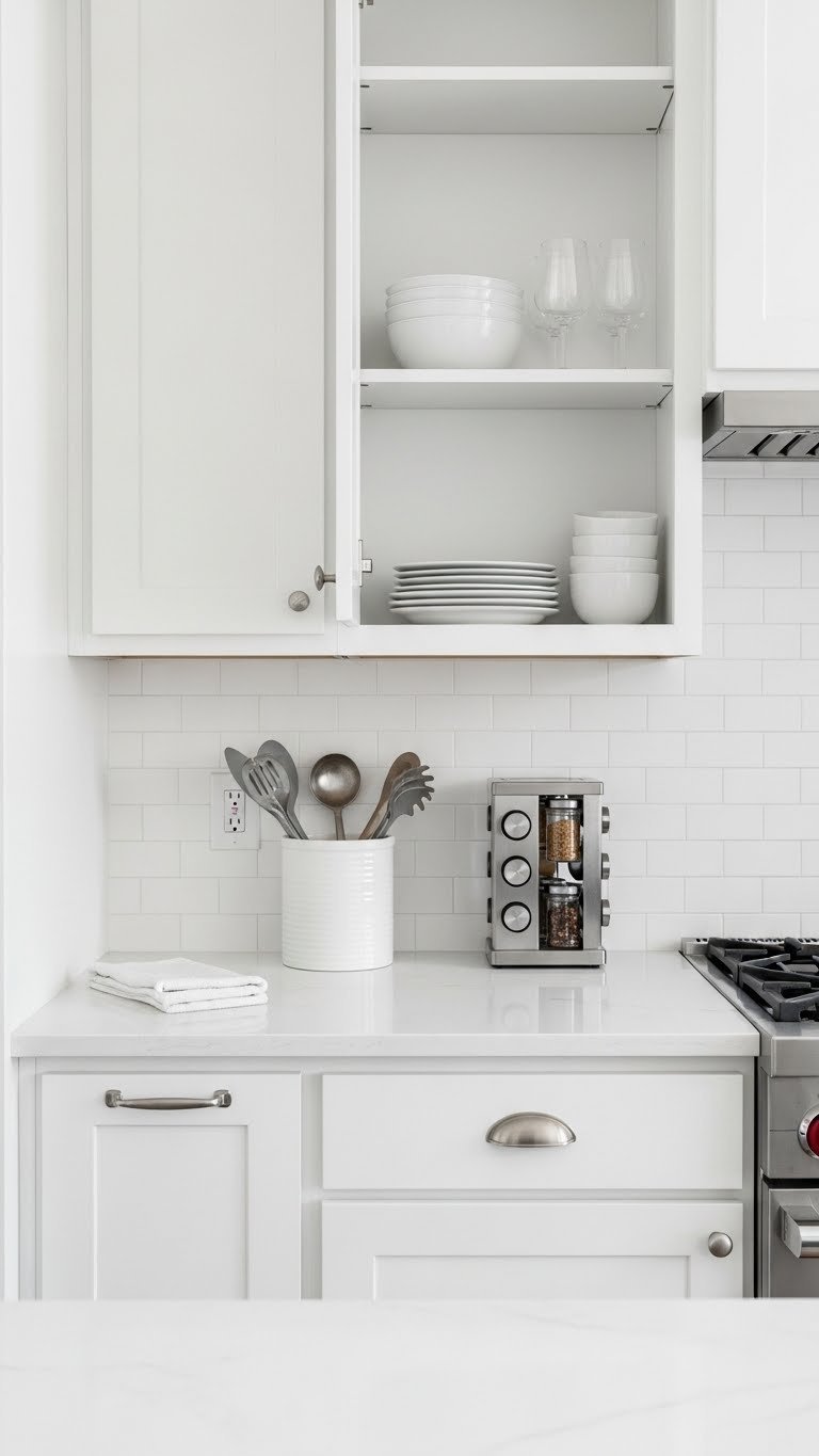 Organized white quartz countertop with utensil crock and spice rack in minimalist kitchen interior