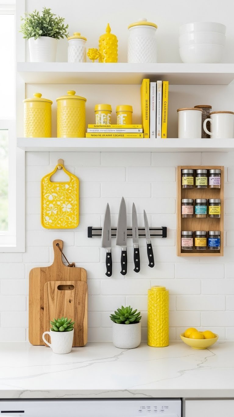 Organized yellow kitchen wall with open shelving displaying canary yellow storage canisters and clutter-free counters