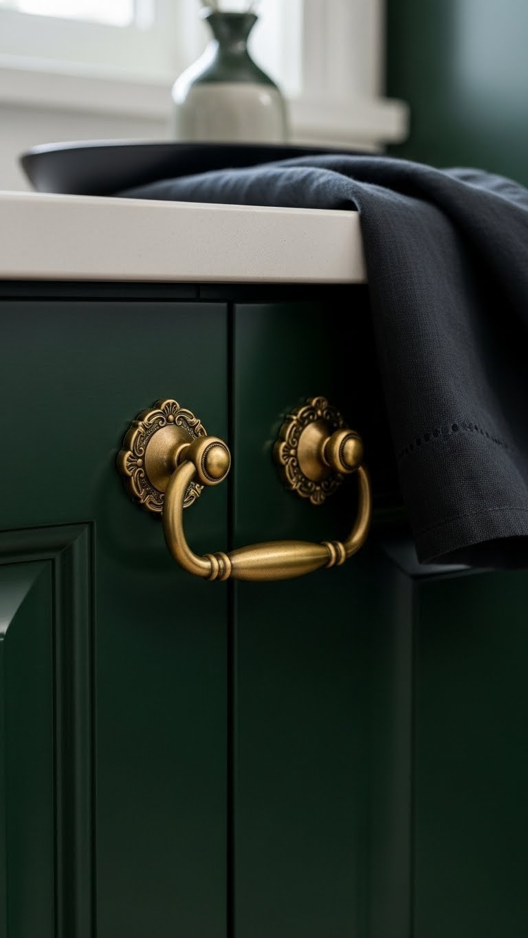 Dark Romantic Kitchen Aesthetic: 7 Design Secrets For A Cozy Home 5 Ornate antique brass cup pull & knob on deep emerald green kitchen cabinet. Intricate vintage hardware detailing, linen, vase; custom millwork charm.