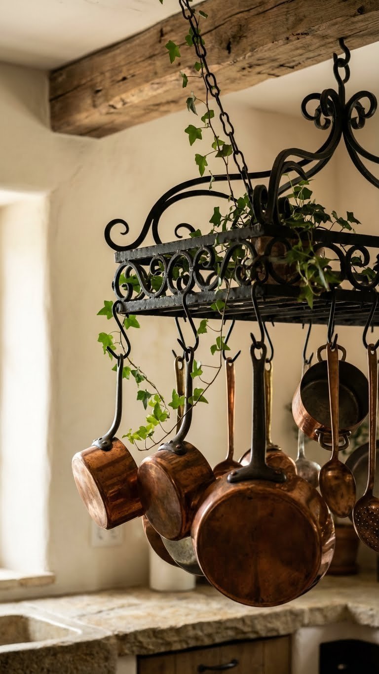 Outdoor Kitchen Mediterranean Design Guide For Al Fresco Living 11 Ornate black wrought iron pot rack with hanging copper cookware and trailing ivy plant