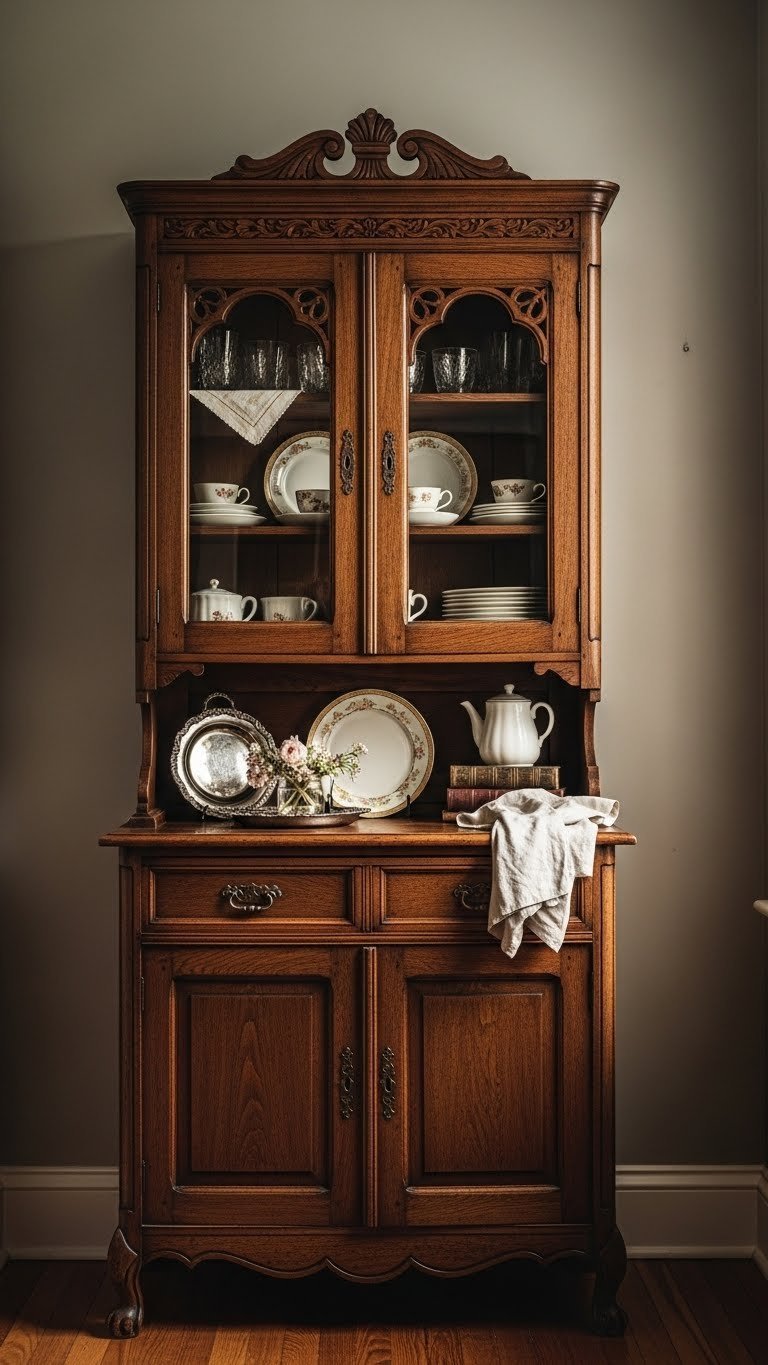 Ornate dark wood antique hutch with glass doors and carvings, displaying delicate teacups and vintage plates in an elegant pantry.