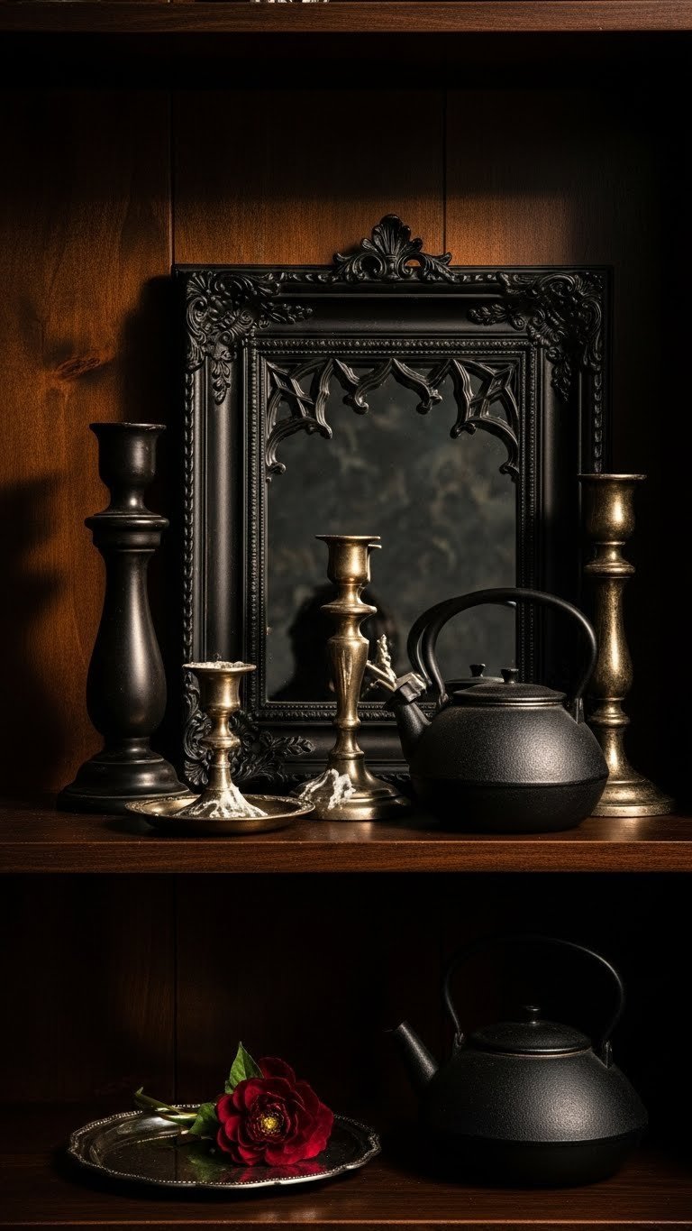 Ornate gothic mirror, dark antique candle holders on wood. Mysterious dark cottagecore kitchen.