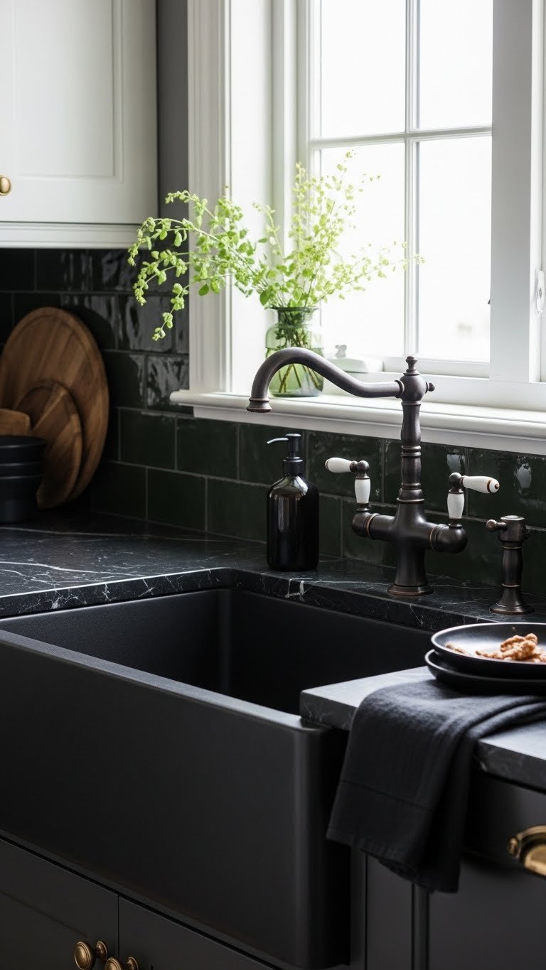 Ornate kitchen: black apron sink, gothic oil-rubbed bronze faucet, dark marble countertop, and subway tile backsplash.