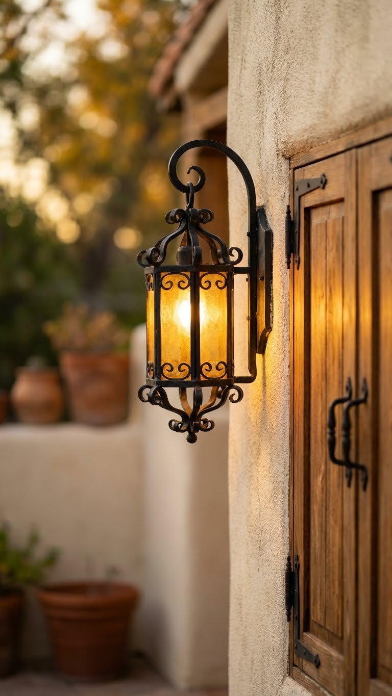 Outdoor Kitchen Mexican Style Ideas For Authentic Entertaining 11 Ornate wrought iron lantern with amber glass casting warm glow on textured stucco wall in outdoor kitchen.