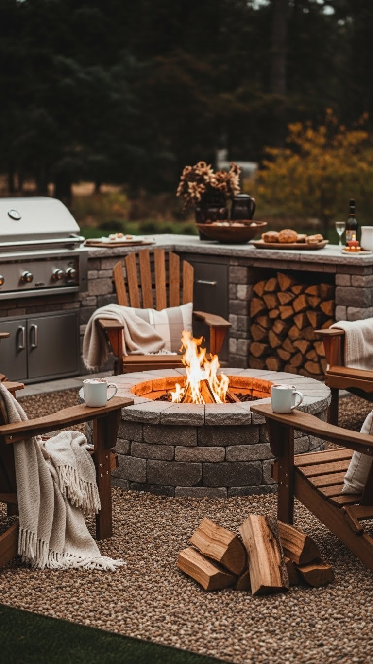 Outdoor kitchen area with stone fire pit glowing warmly amid rustic seating for cozy gatherings
