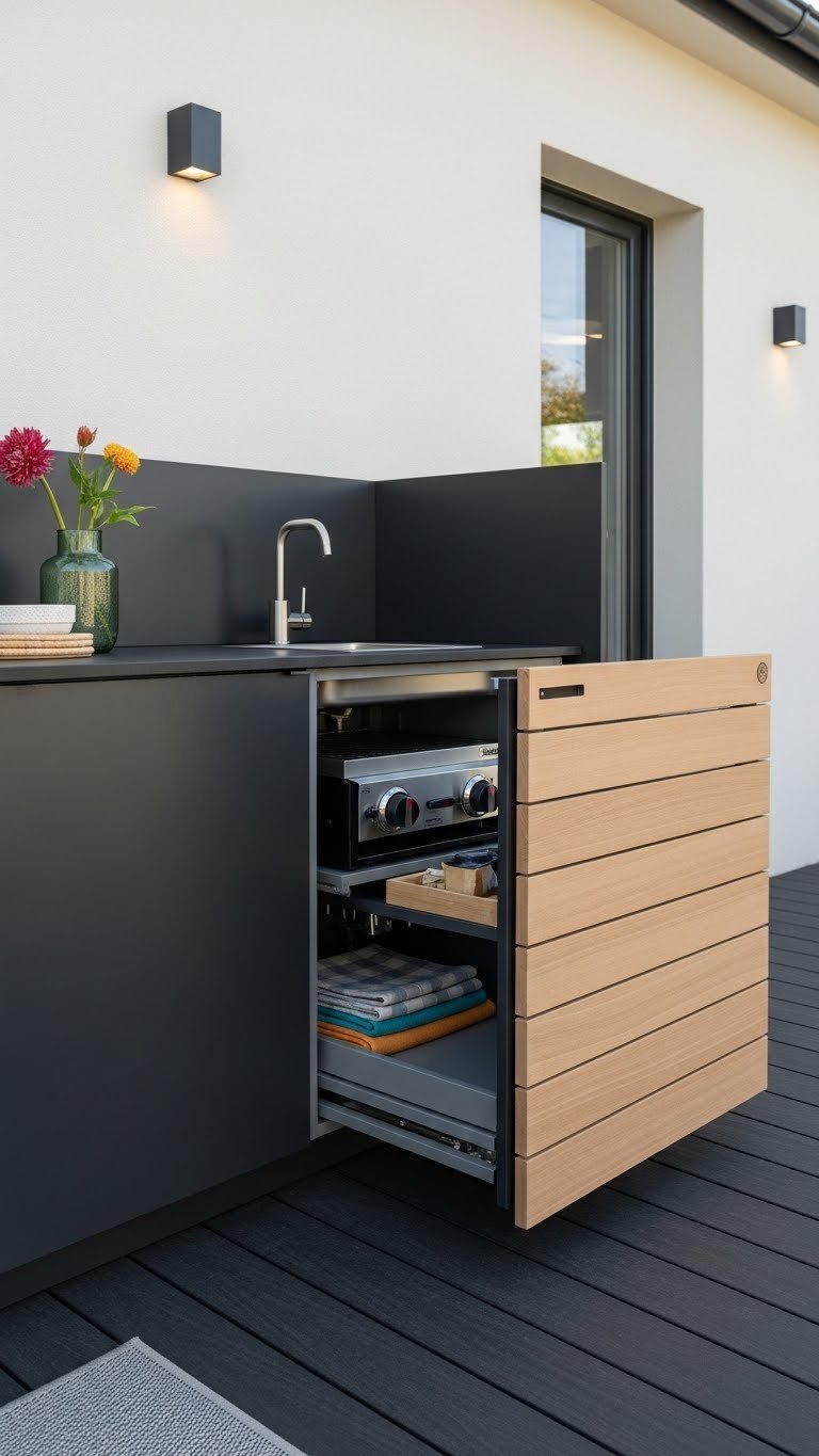 Small Outdoor Kitchen: 11 Smart Designs To Maximize Your Space 17 Outdoor kitchen cabinet hiding grill and sink on dark composite deck with modern decor