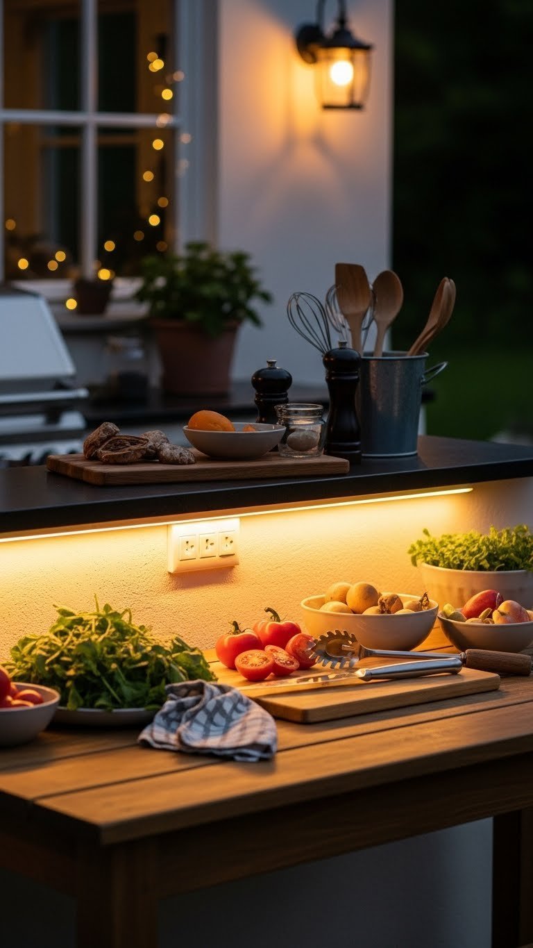 Outdoor kitchen counter with warm LED strip lighting beneath dark polished countertop illuminating fresh ingredients at dusk