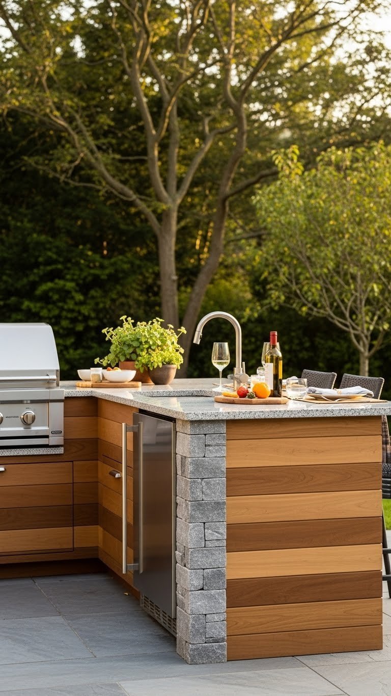 Outdoor kitchen featuring natural wood accents integrated with cool-toned granite stone countertops in golden hour light