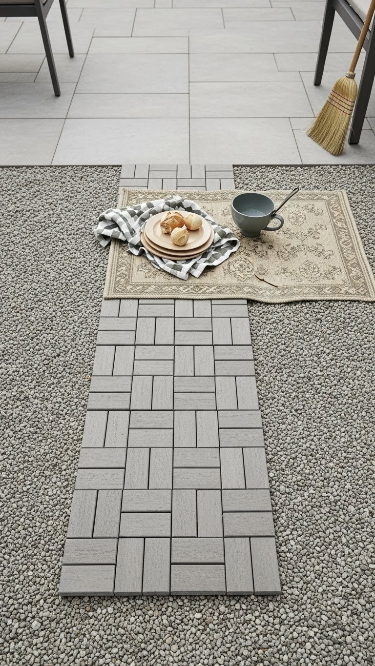 Outdoor kitchen floor made of interlocking patio tiles over gravel base with textured surface and outdoor rug