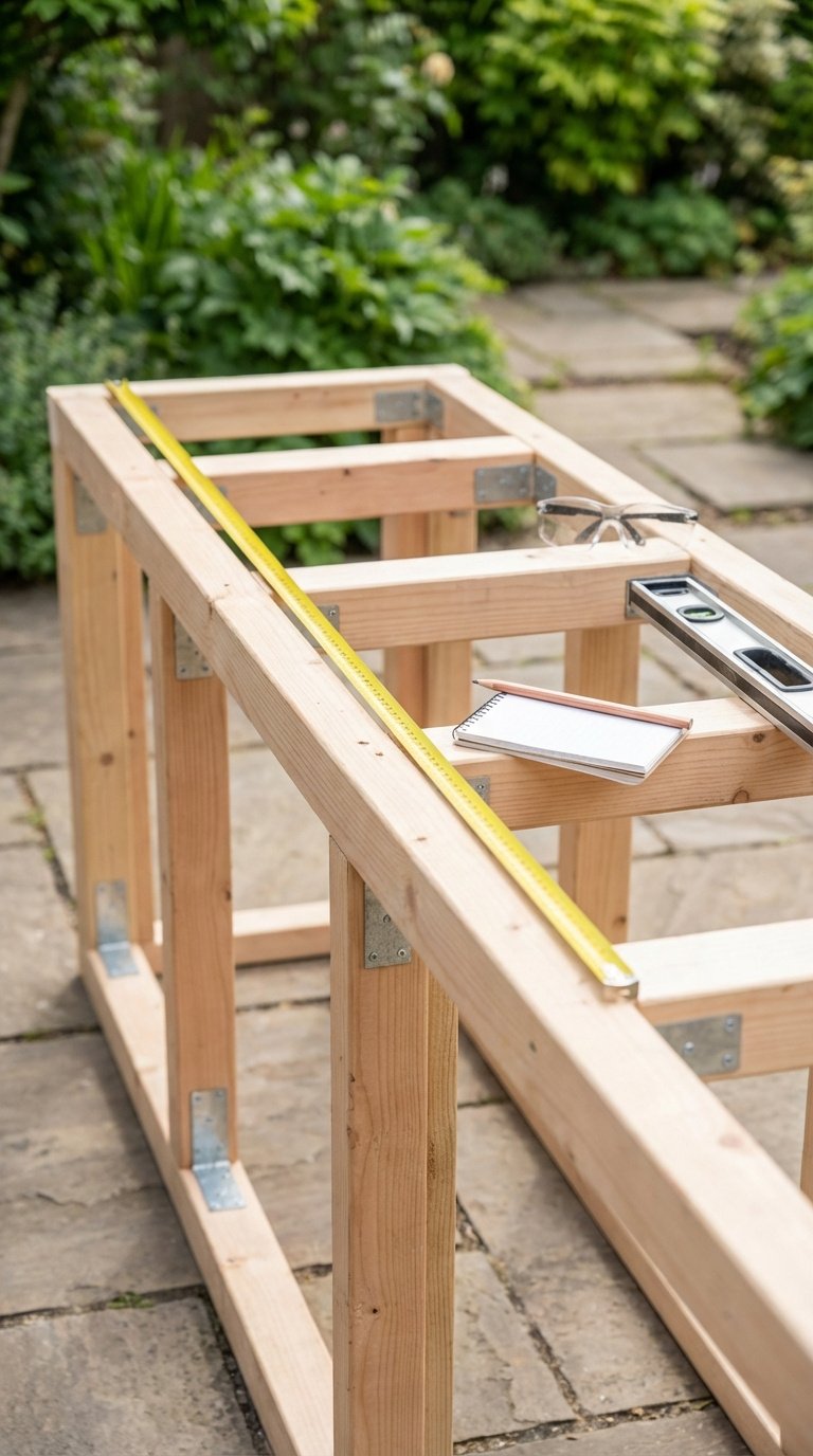 Outdoor Kitchen Concrete Countertops Complete Diy Guide 1 Outdoor kitchen frame with measuring tape and tools during DIY project planning phase on patio