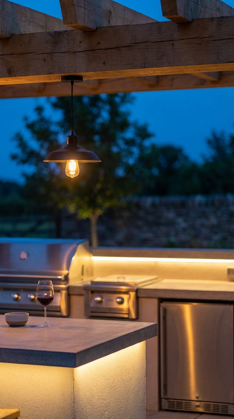 Outdoor kitchen illuminated by LED strip lighting and pendant lights during dusk blue hour