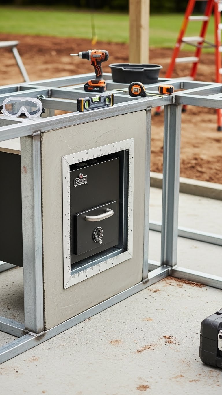 Outdoor Kitchen With Smoker: Ultimate Design &Amp; Build Guide 11 Outdoor kitchen under construction, showing a galvanized steel frame with a built-in pellet smoker precisely installed, surrounded by tools.