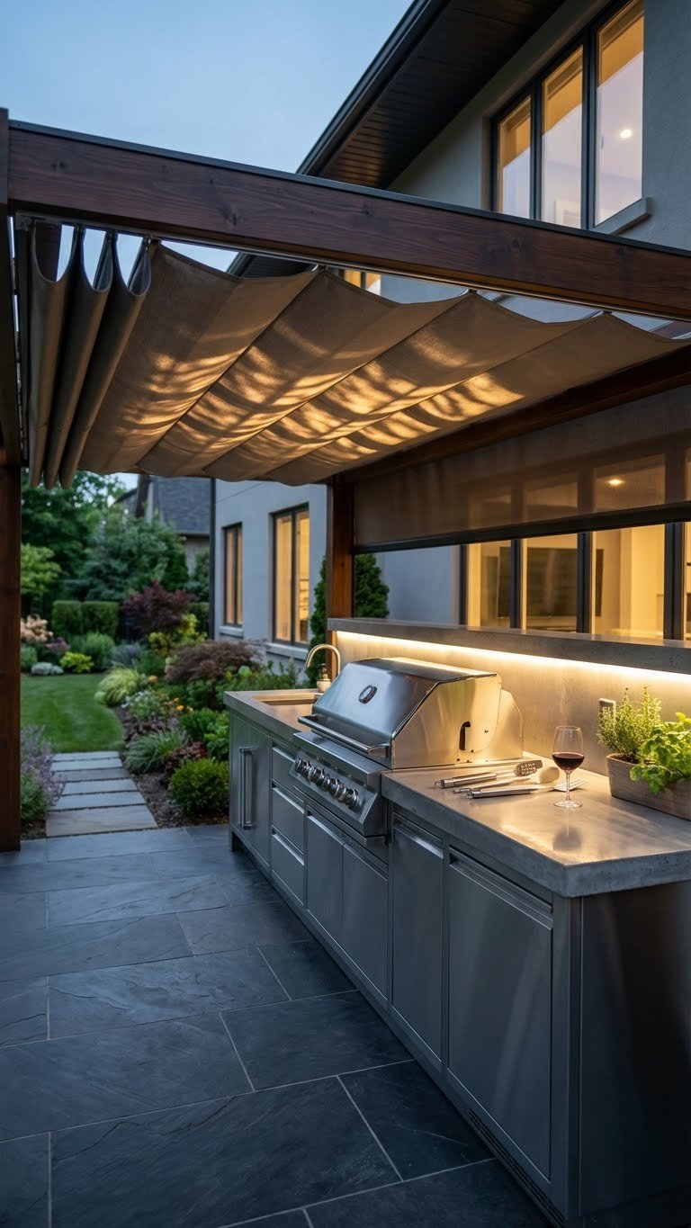 Outdoor Kitchen Extension Ideas That Create Seamless Indoor Outdoor 5 Outdoor kitchen under dark cedar pergola with built-in grill and stainless steel cabinets at dusk