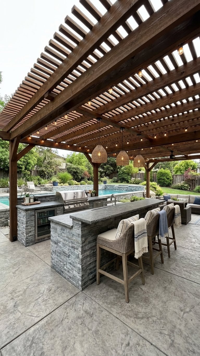 Outdoor Kitchen Patio Ideas 11 Proven Designs For Any Space 9 Outdoor kitchen under large pergola with stone-clad island and bar seating