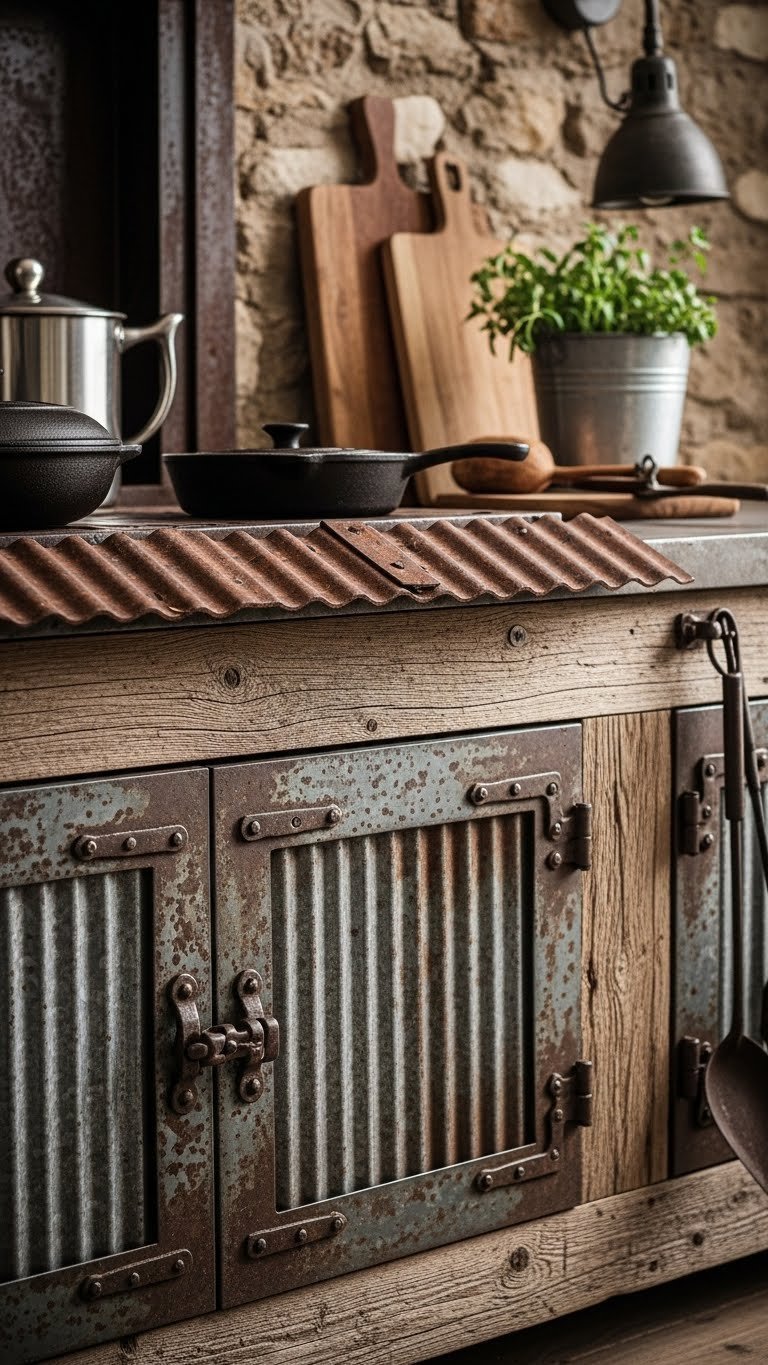 Outdoor kitchen with weathered metal accents including distressed panels and antique hardware against rustic backdrop