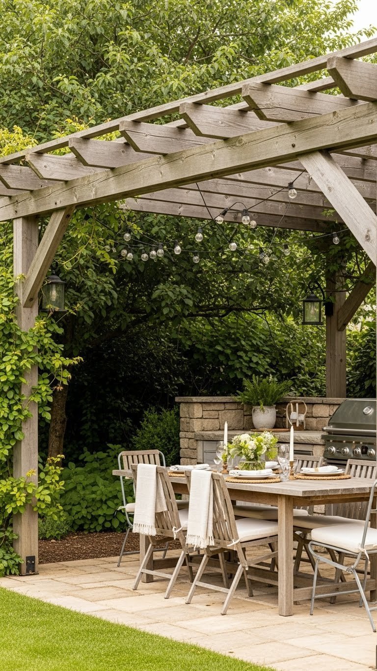 Outdoor kitchen with wooden pergola shading rustic dining area and stone cooking station amid lush greenery