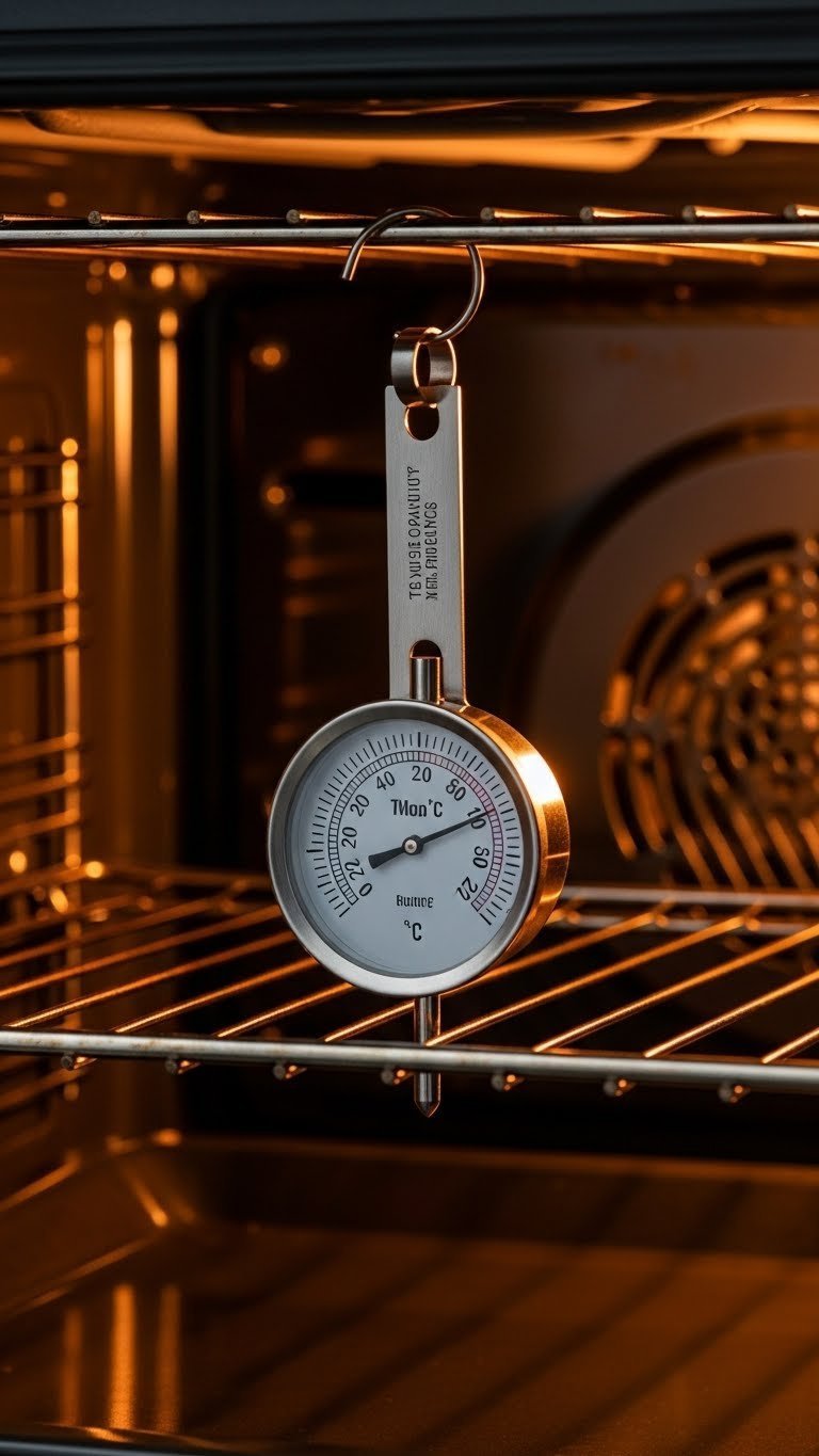 Oven thermometer hanging in hot oven showing temperature dial for baking accuracy